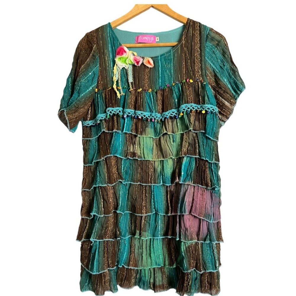 Crazy Fish Layered Mini Dress Tunic Women's Size M Bohemian Cottagecore boho